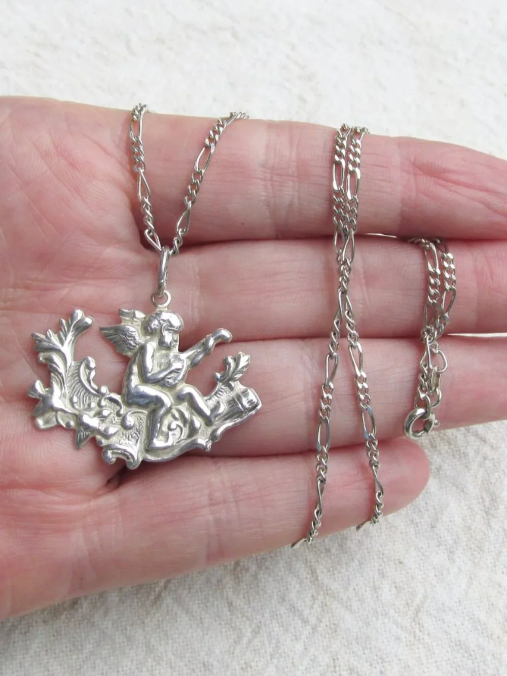 Vintage Sterling Silver ANGEL Playing Lute on Cloud Pendant 20